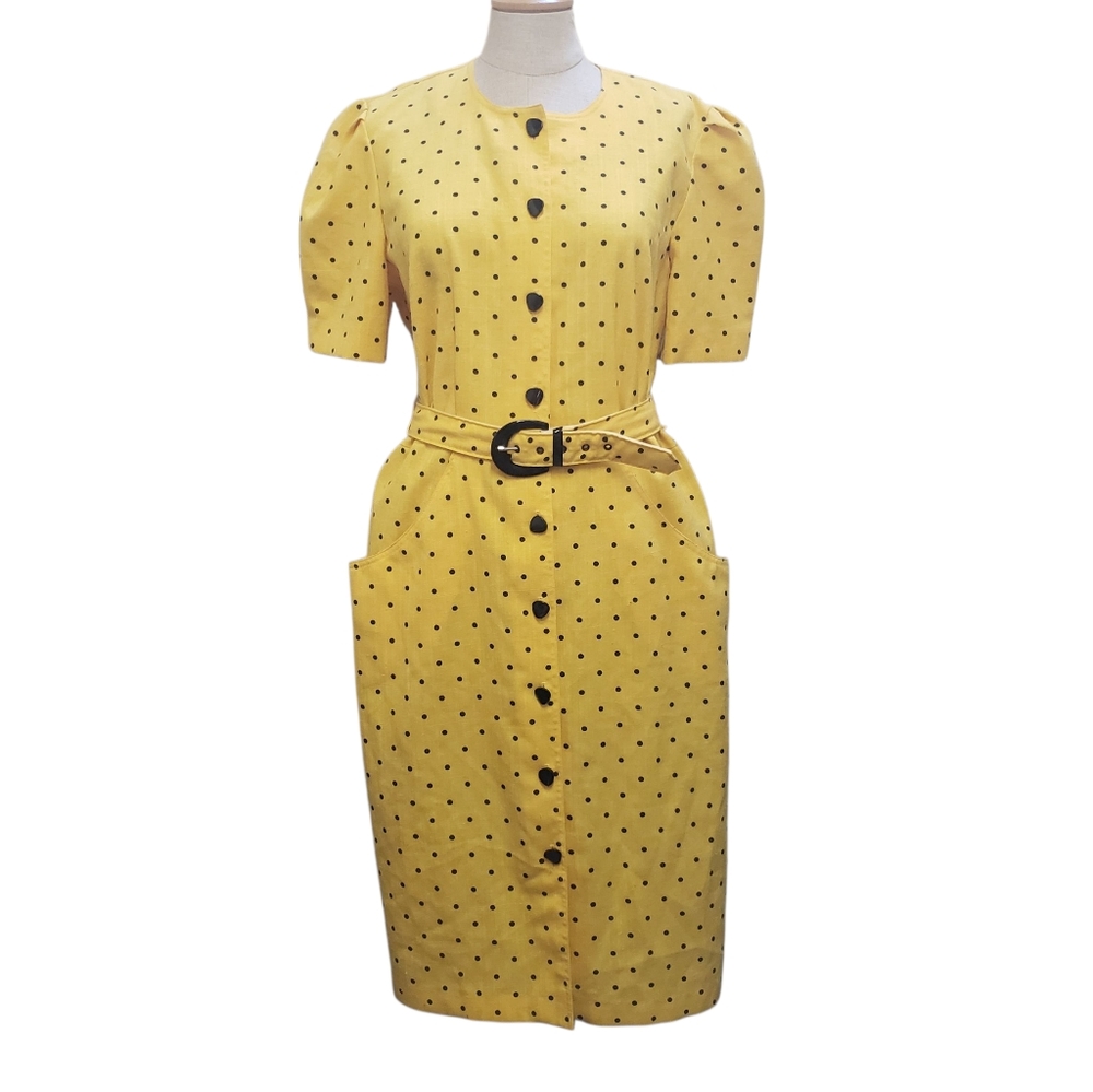 Damon Petites Dress Polka Dot Vintage 80s Belt Pocket Yellow Union Made USA 12